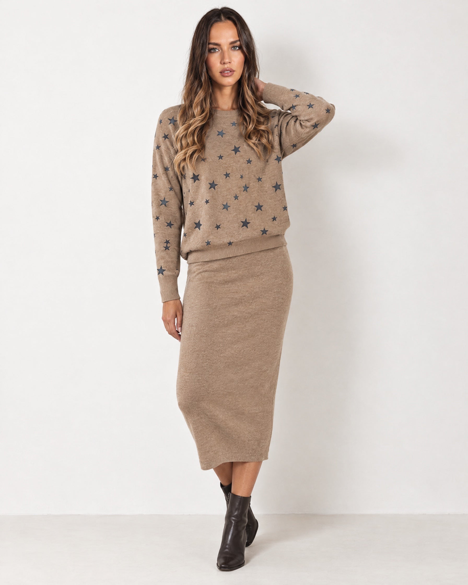 Brown Two Piece Set Star Print Jumper Skirt