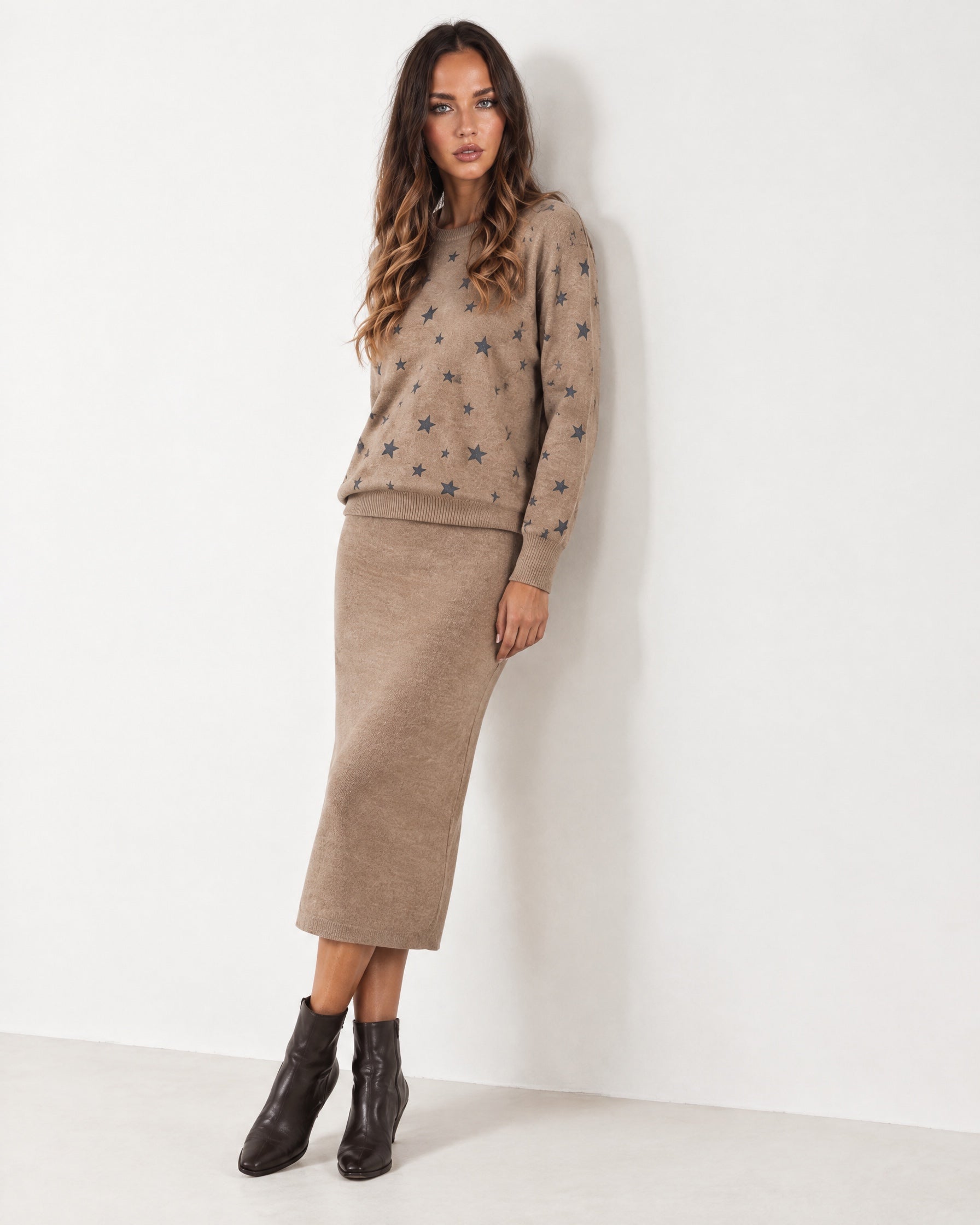Brown Two Piece Set Star Print Jumper Skirt