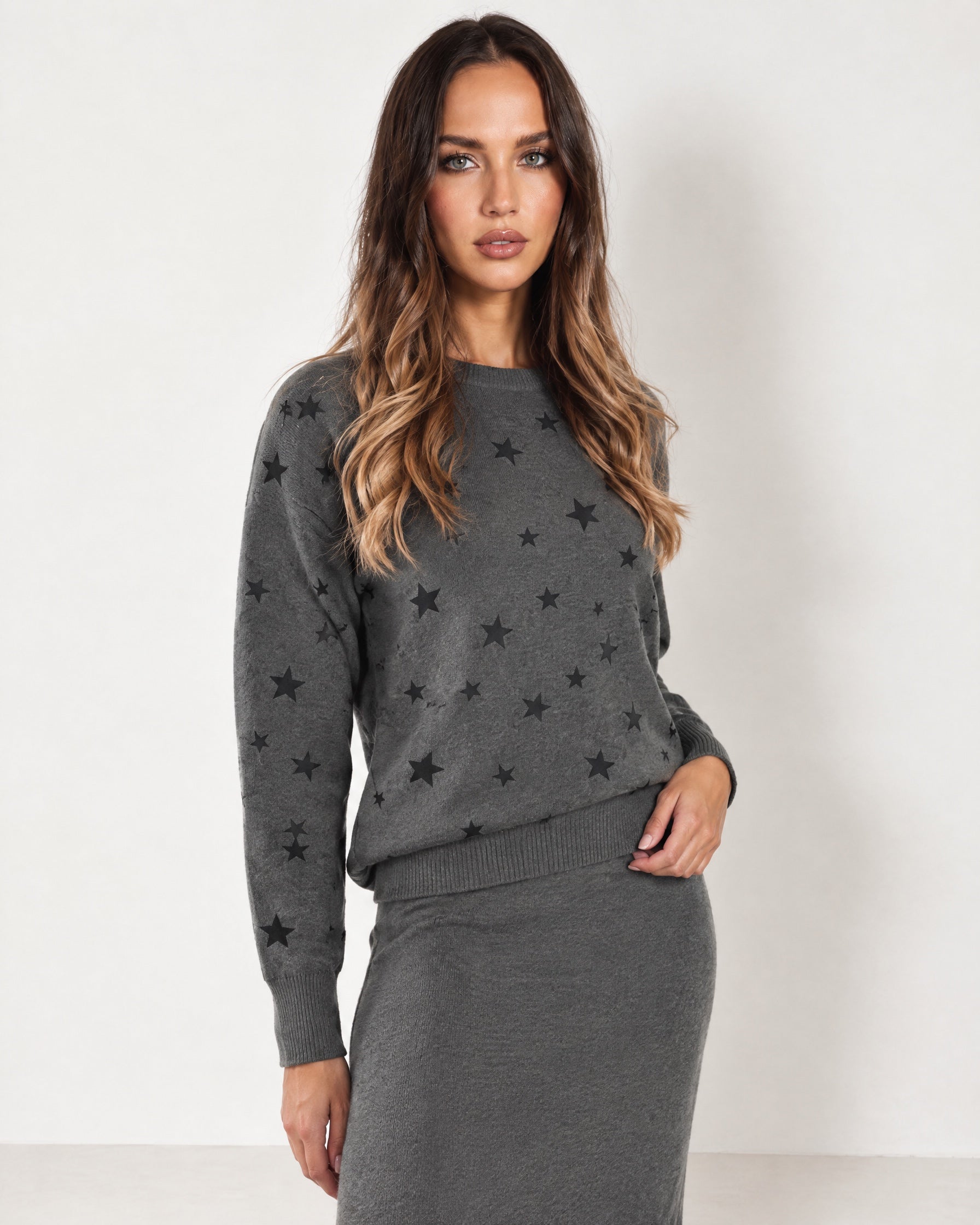 Grey Two Piece Set Star Print Jumper Skirt