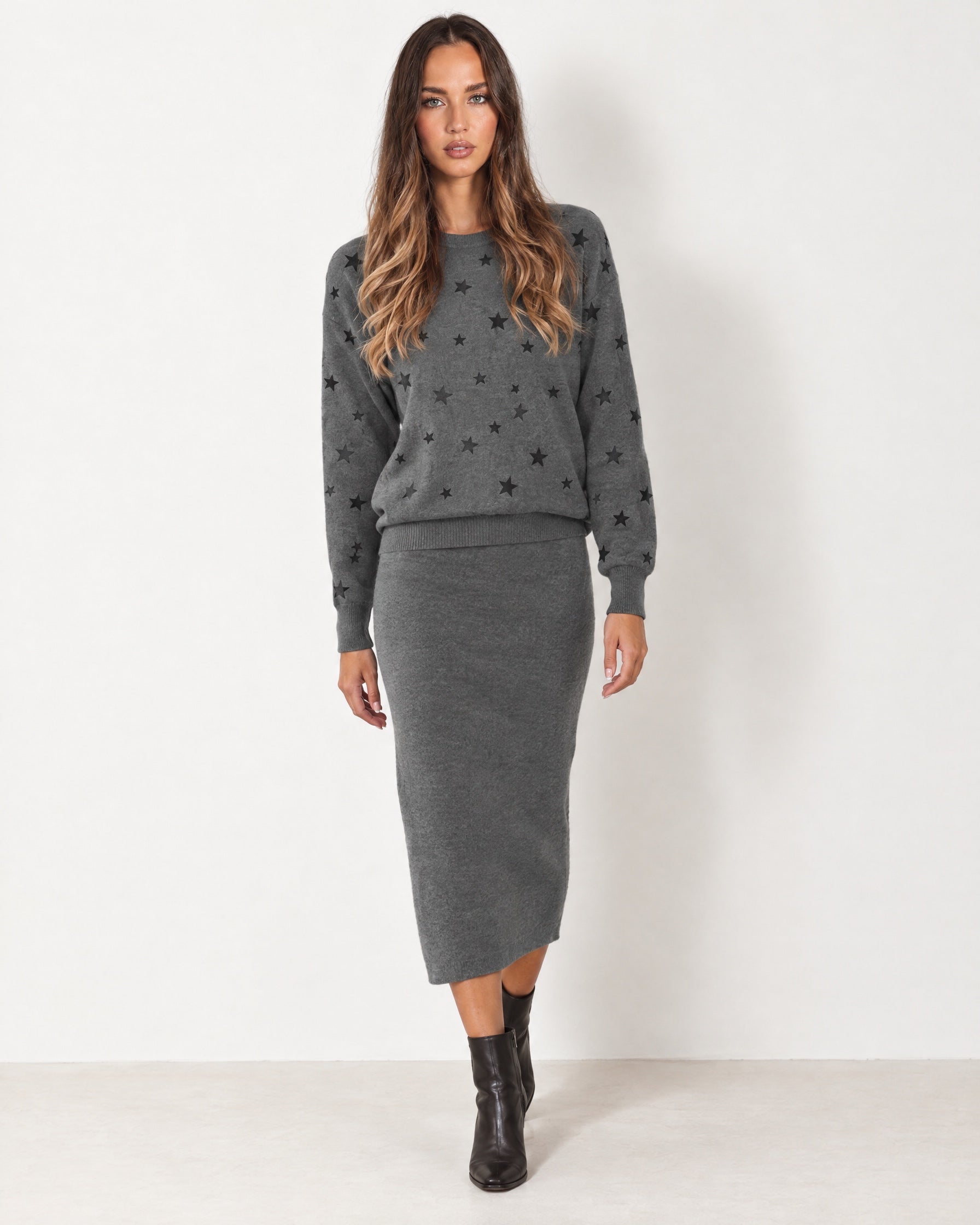 Grey Two Piece Set Star Print Jumper Skirt