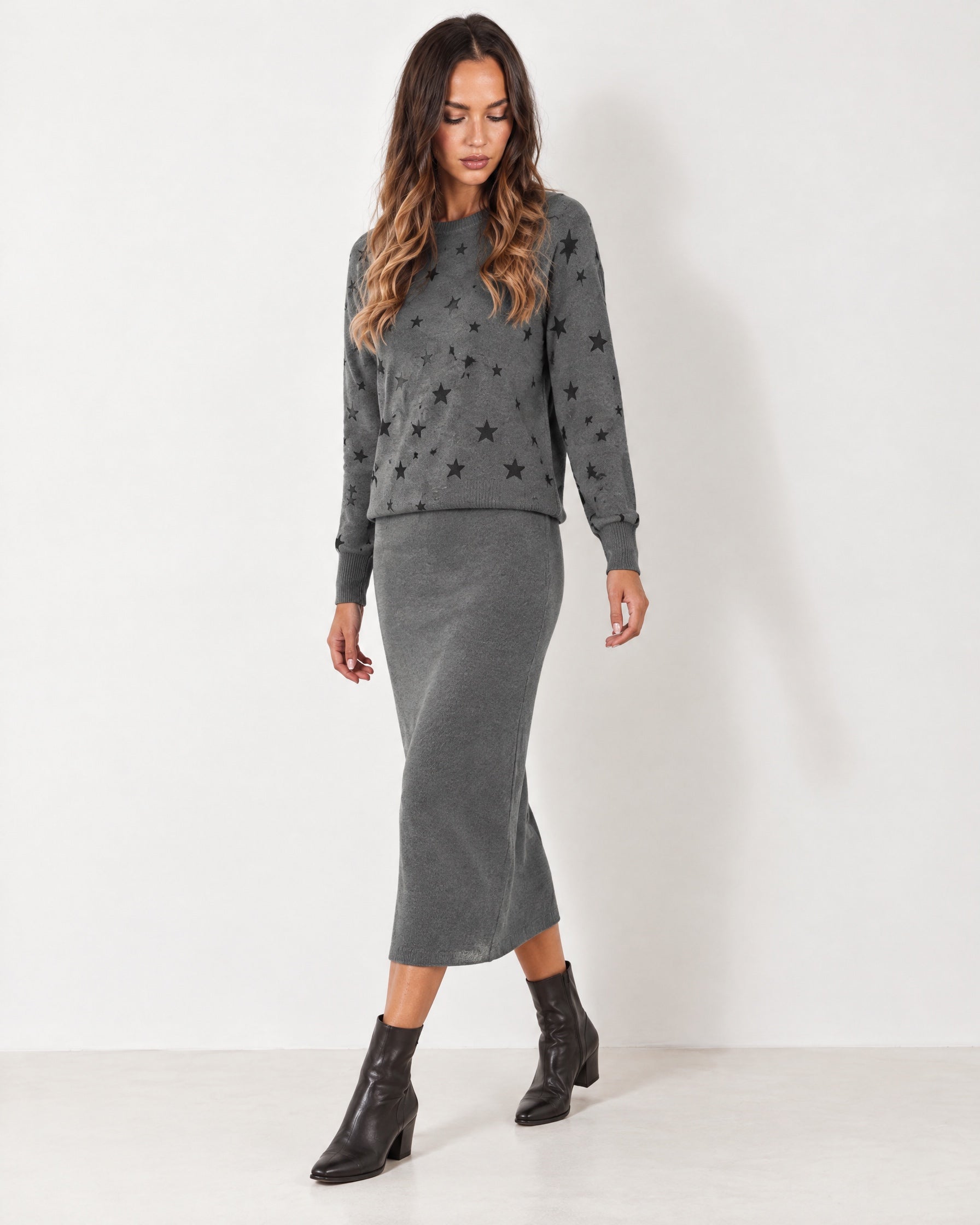 Grey Two Piece Set Star Print Jumper Skirt