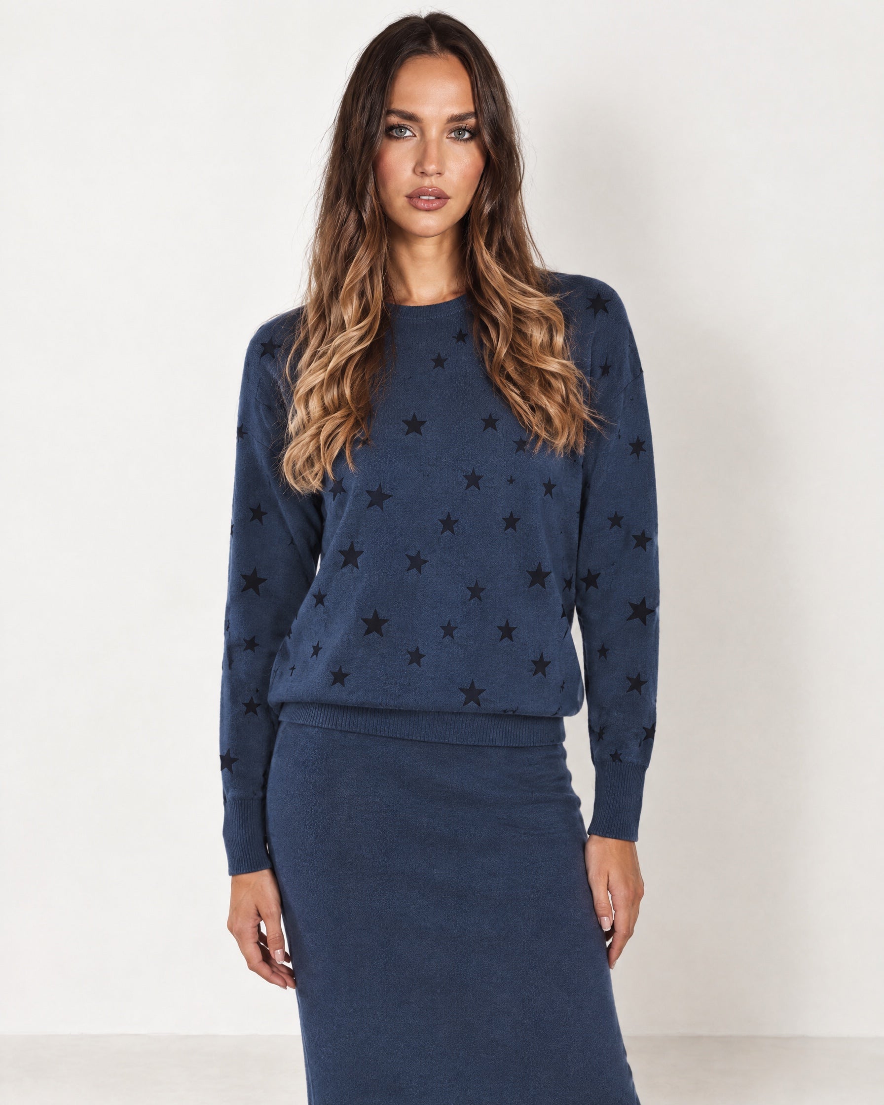 Navy Two Piece Set Star Print Jumper Skirt