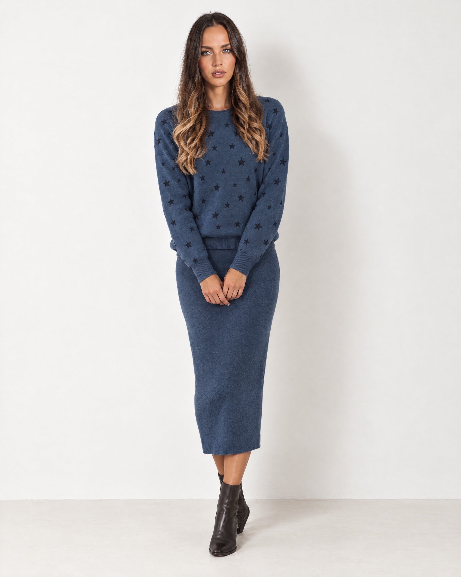 Navy Two Piece Set Star Print Jumper Skirt
