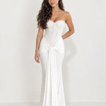 White Corset Maxi Dress Strapless Lace Draped