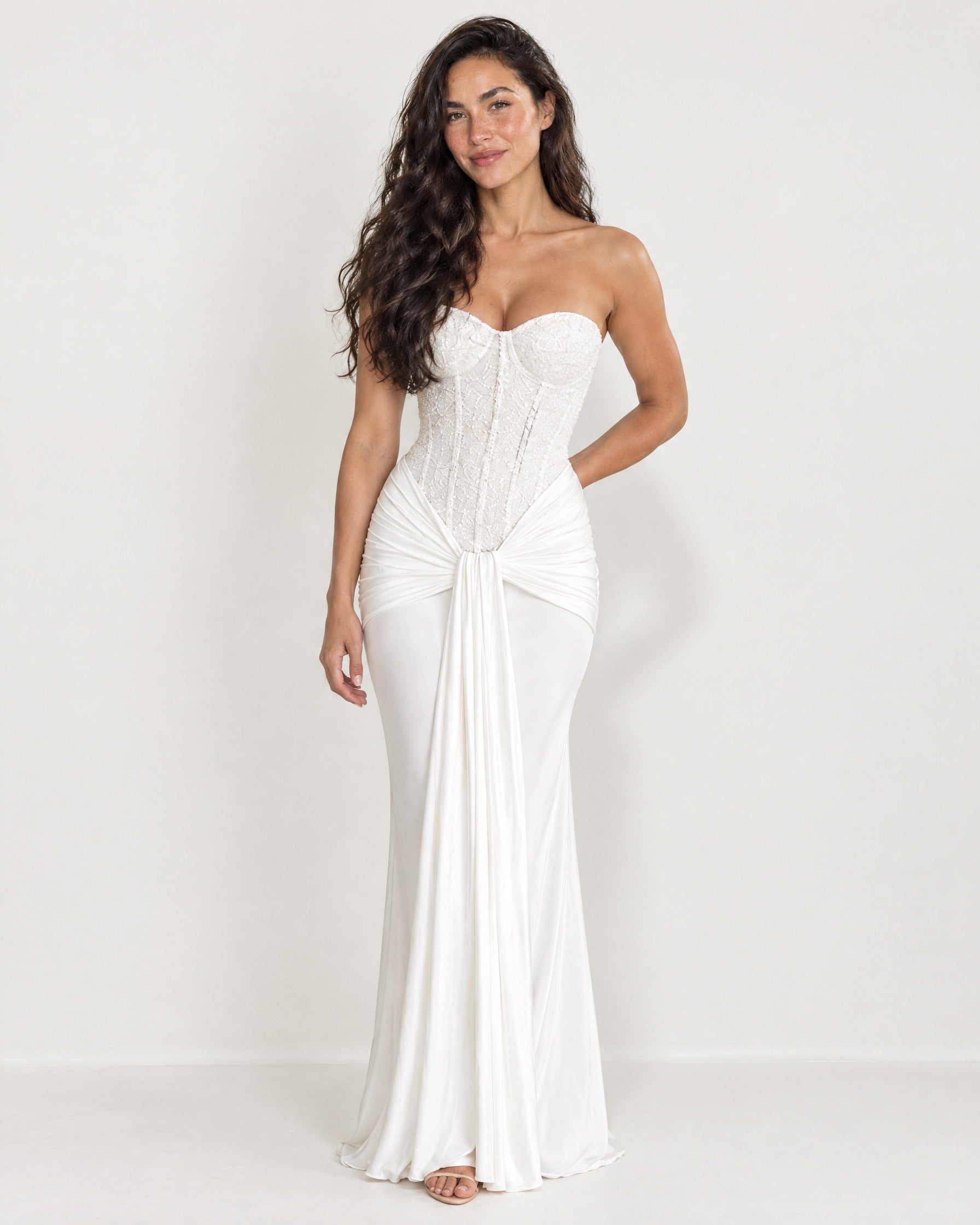 White Corset Maxi Dress Strapless Lace Draped