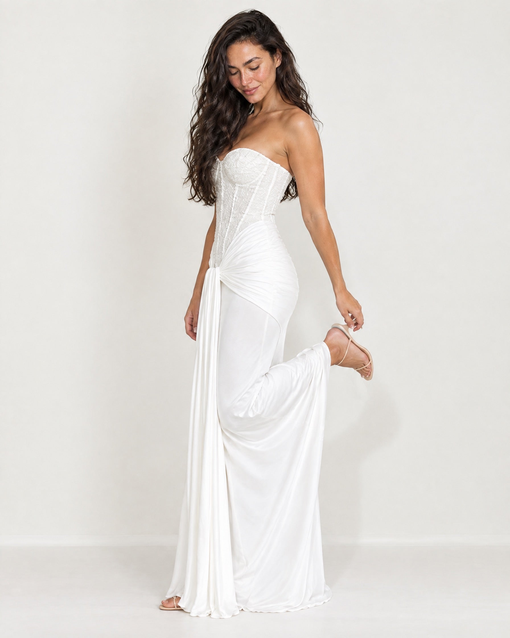 White Corset Maxi Dress Strapless Lace Draped
