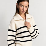 Black Striped Jumper Chunky Knit Half Zip Sweater with Funnel Collar