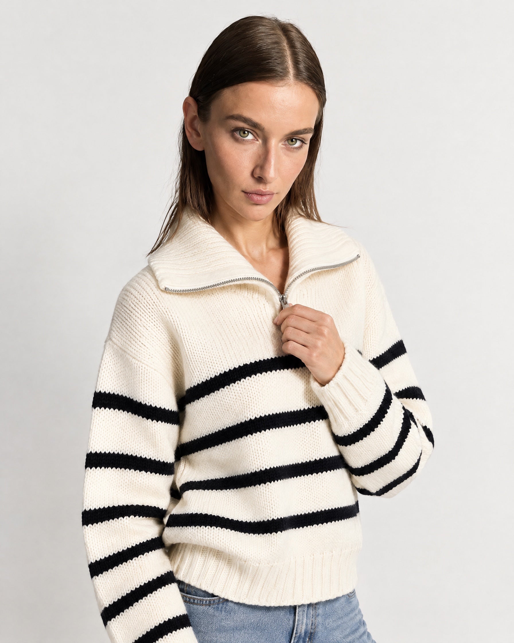 Black Striped Jumper Chunky Knit Half Zip Sweater with Funnel Collar