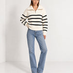Black Striped Jumper Chunky Knit Half Zip Sweater with Funnel Collar