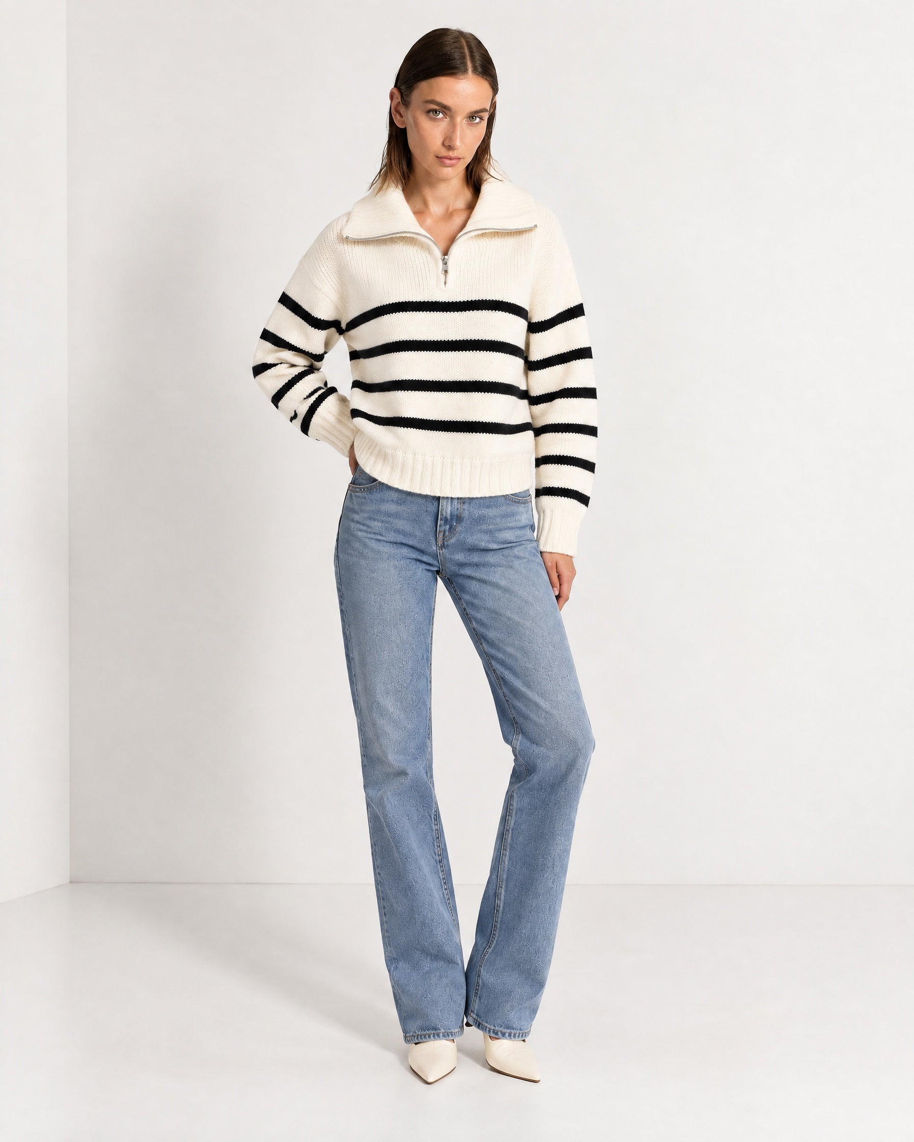 Black Striped Jumper Chunky Knit Half Zip Sweater with Funnel Collar