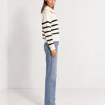 Black Striped Jumper Chunky Knit Half Zip Sweater with Funnel Collar