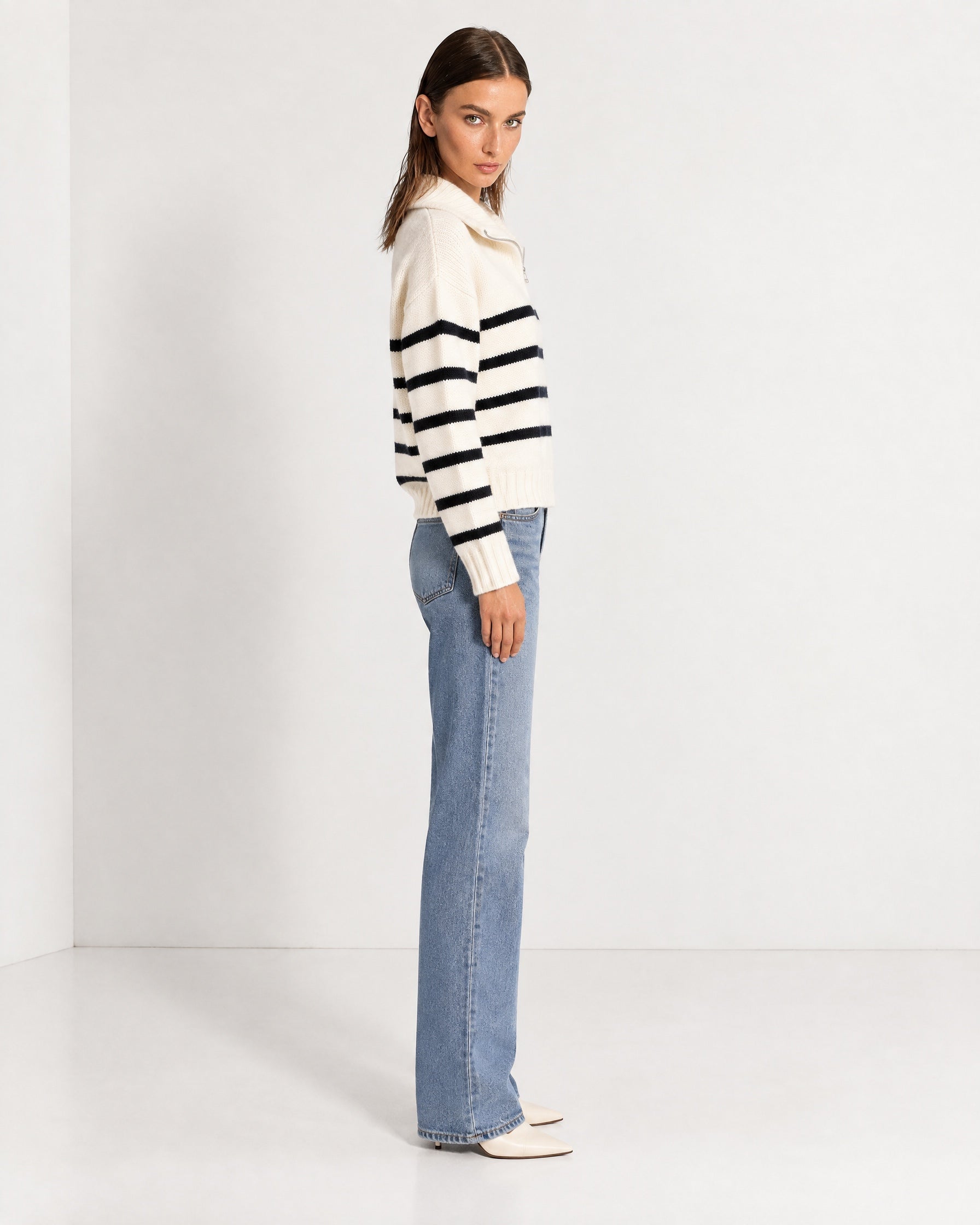 Black Striped Jumper Chunky Knit Half Zip Sweater with Funnel Collar