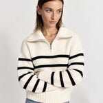 Black Striped Jumper Chunky Knit Half Zip Sweater with Funnel Collar