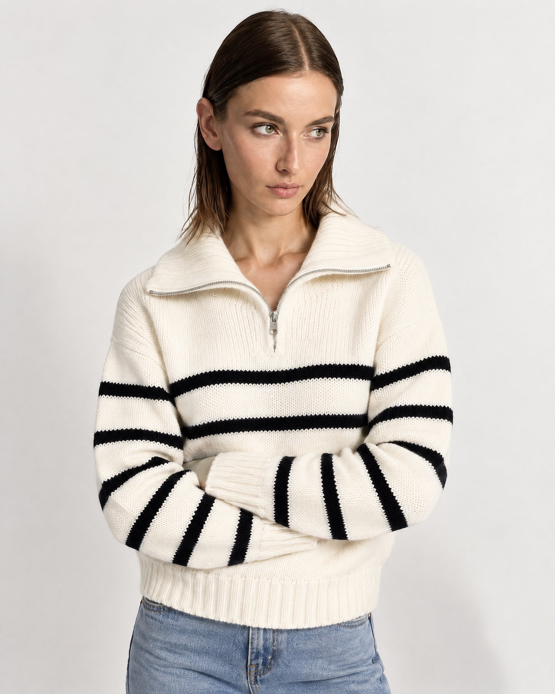 Black Striped Jumper Chunky Knit Half Zip Sweater with Funnel Collar