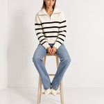 Black Striped Jumper Chunky Knit Half Zip Sweater with Funnel Collar