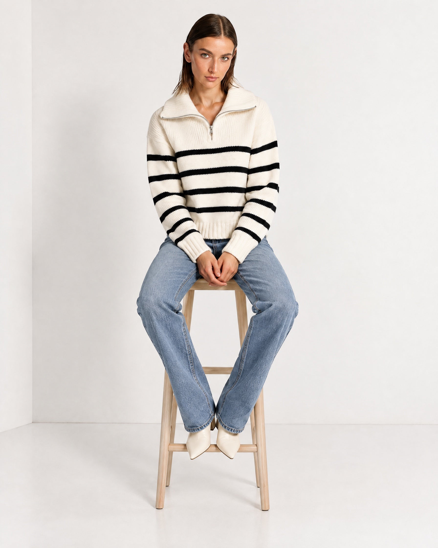 Black Striped Jumper Chunky Knit Half Zip Sweater with Funnel Collar