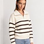 Brown Striped Jumper Chunky Knit Half Zip Sweater with Funnel Collar