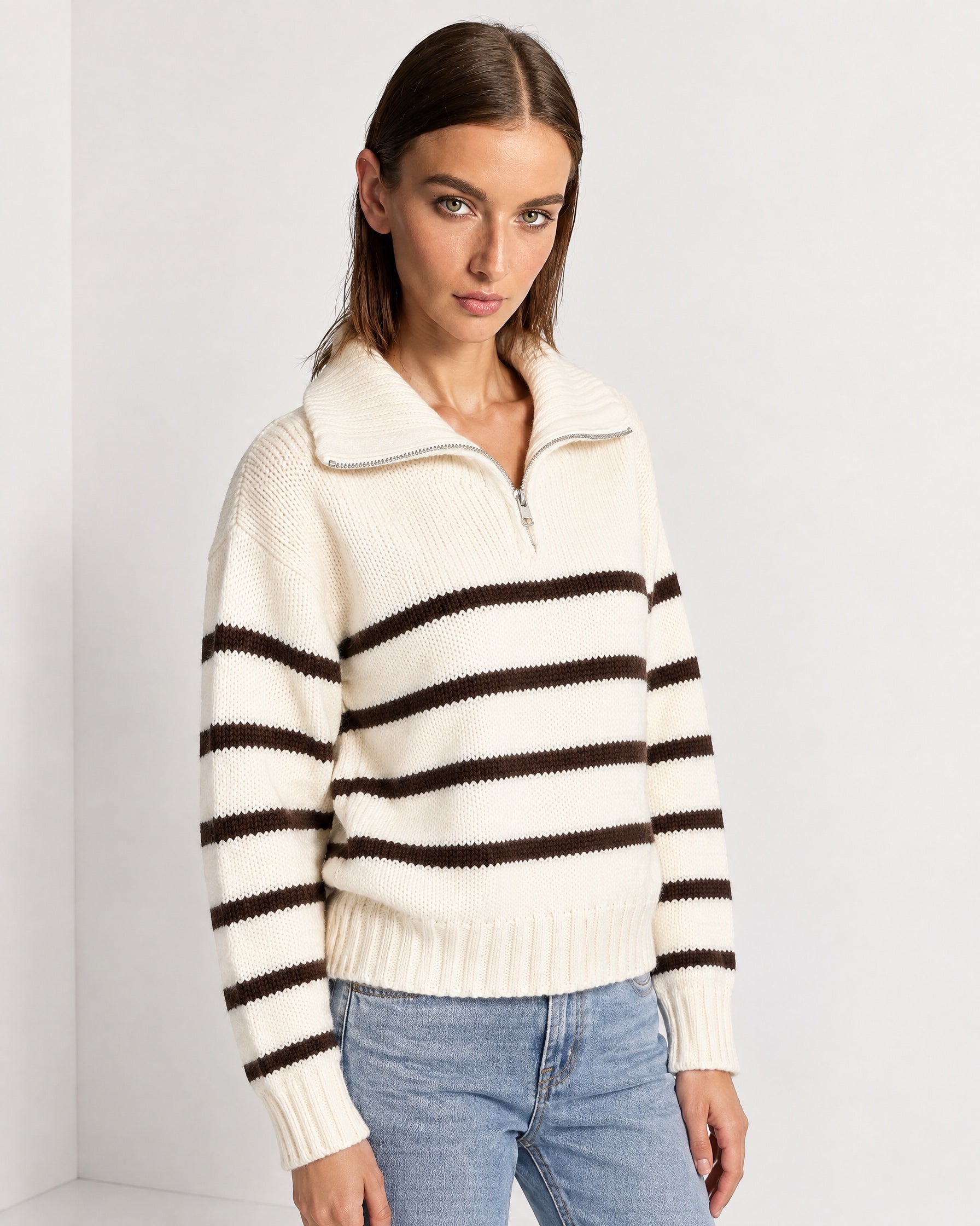 Brown Striped Jumper Chunky Knit Half Zip Sweater with Funnel Collar