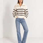 Brown Striped Jumper Chunky Knit Half Zip Sweater with Funnel Collar