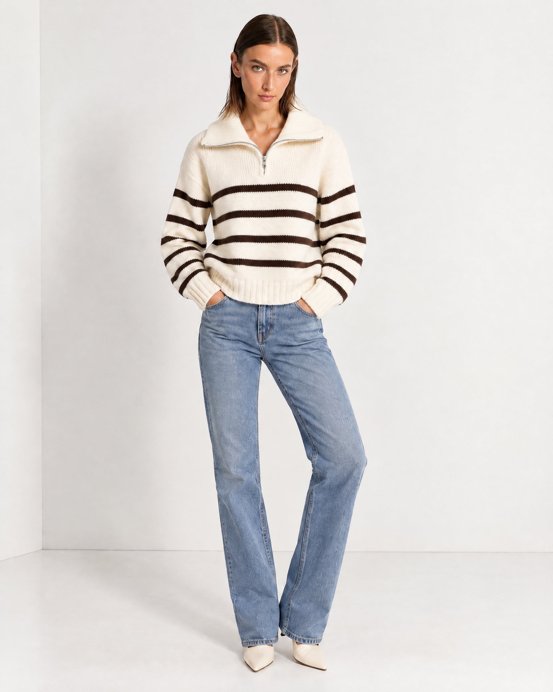 Brown Striped Jumper Chunky Knit Half Zip Sweater with Funnel Collar
