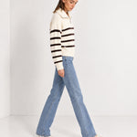 Brown Striped Jumper Chunky Knit Half Zip Sweater with Funnel Collar