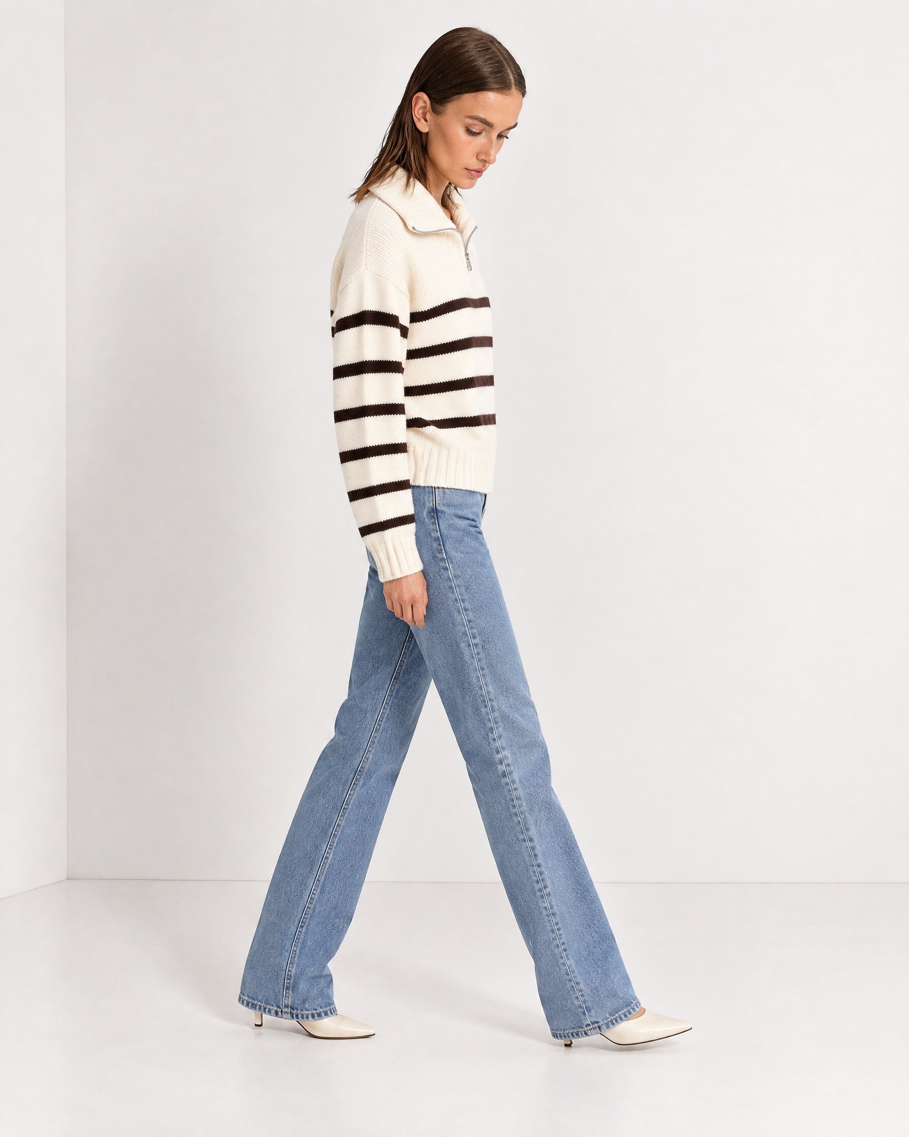 Brown Striped Jumper Chunky Knit Half Zip Sweater with Funnel Collar