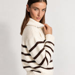 Brown Striped Jumper Chunky Knit Half Zip Sweater with Funnel Collar