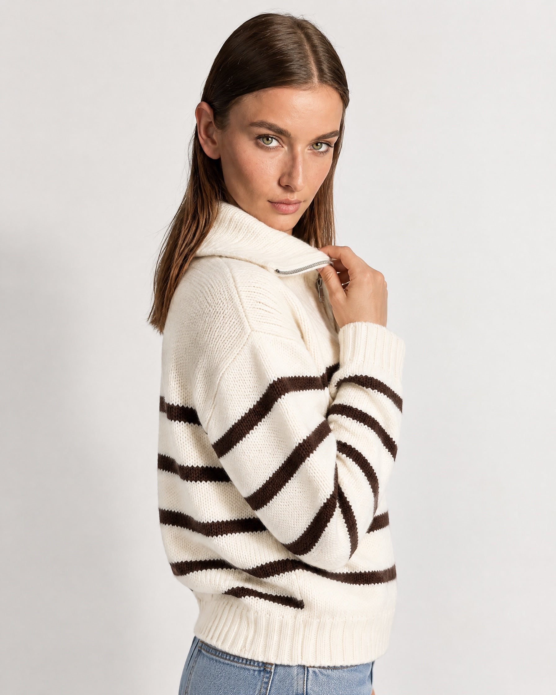Brown Striped Jumper Chunky Knit Half Zip Sweater with Funnel Collar