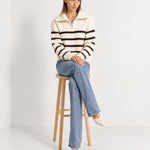 Brown Striped Jumper Chunky Knit Half Zip Sweater with Funnel Collar