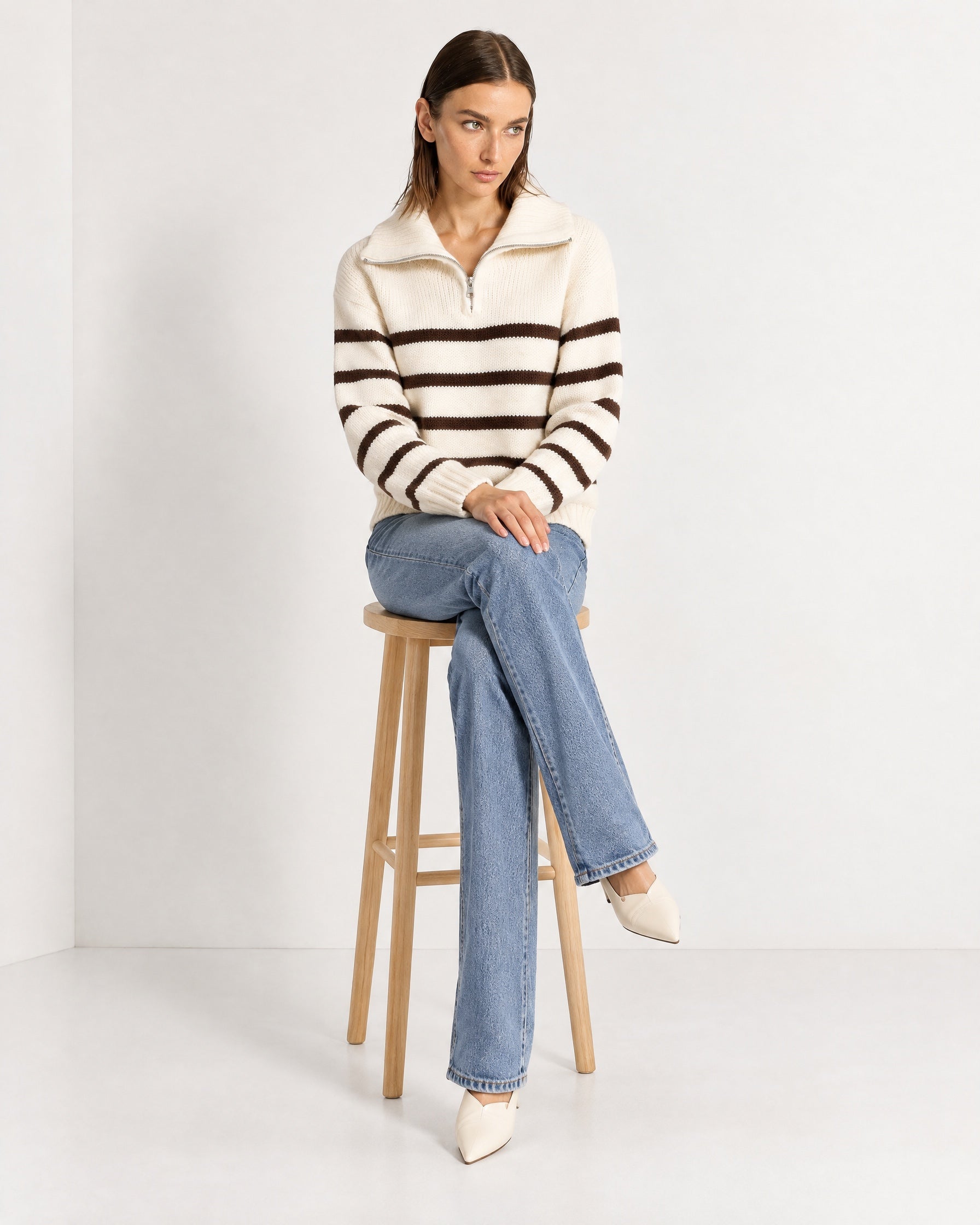 Brown Striped Jumper Chunky Knit Half Zip Sweater with Funnel Collar