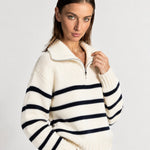 Navy Striped Jumper Chunky Knit Half Zip Sweater with Funnel Collar