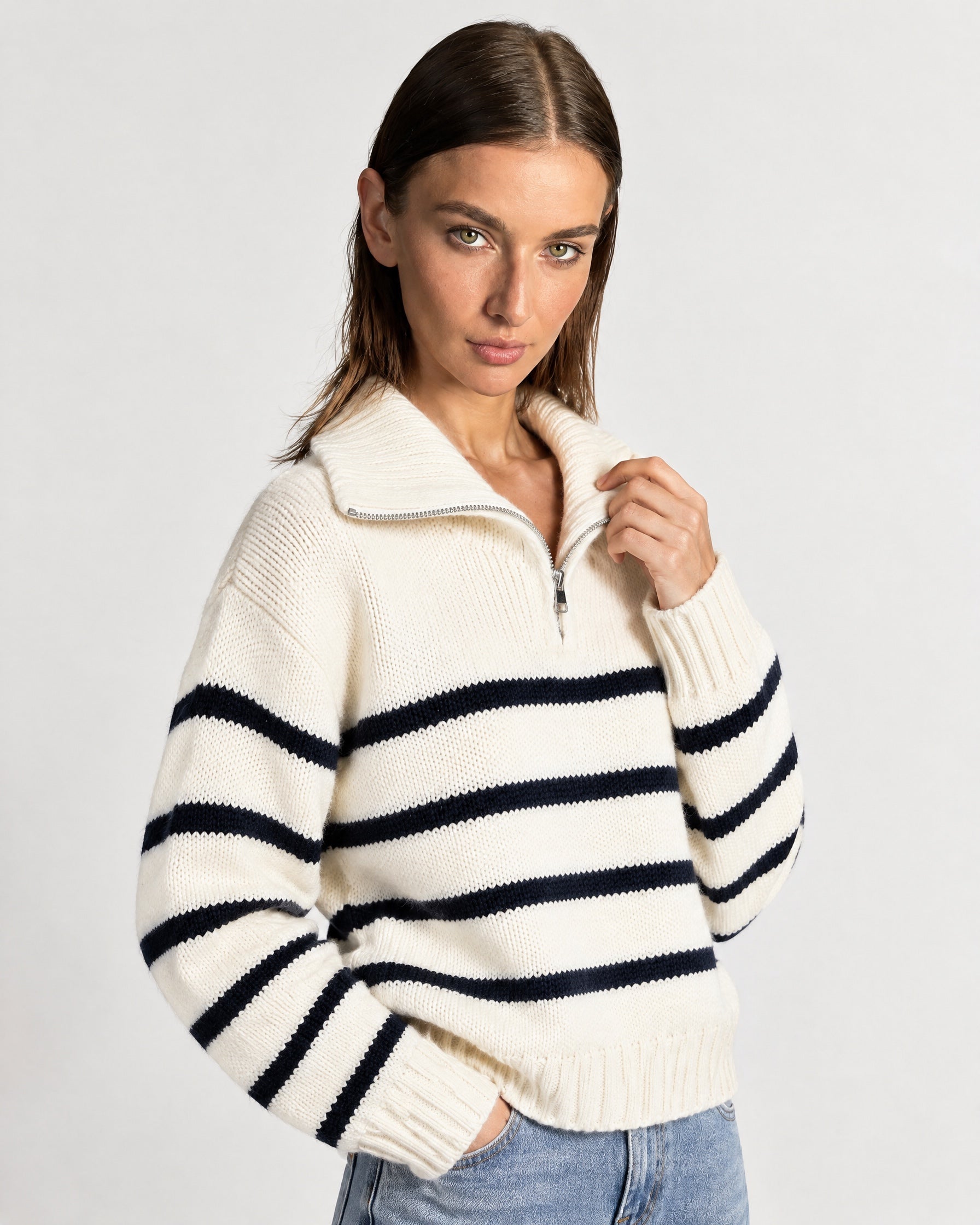 Navy Striped Jumper Chunky Knit Half Zip Sweater with Funnel Collar