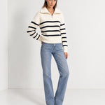 Navy Striped Jumper Chunky Knit Half Zip Sweater with Funnel Collar