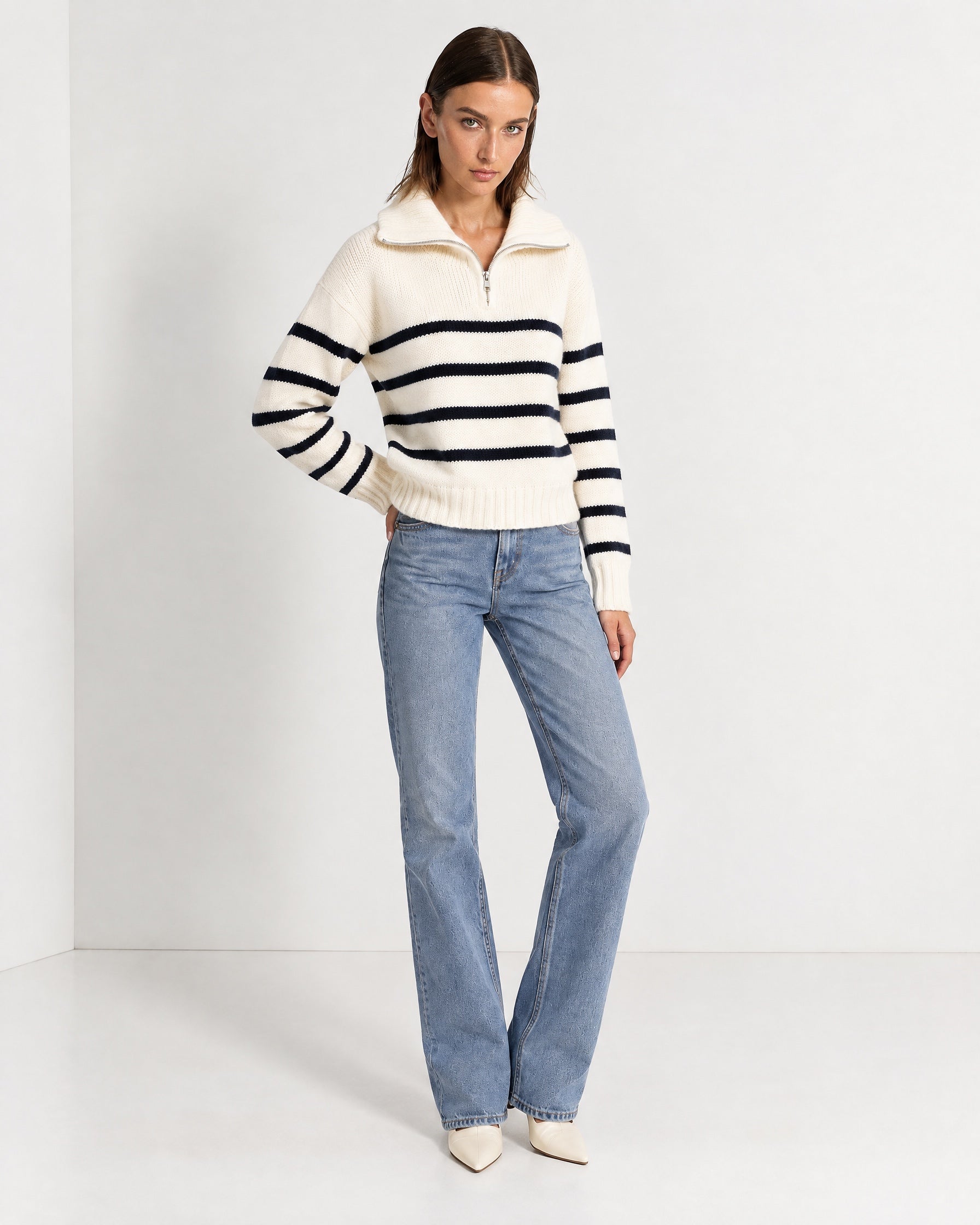 Navy Striped Jumper Chunky Knit Half Zip Sweater with Funnel Collar
