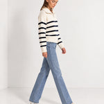 Navy Striped Jumper Chunky Knit Half Zip Sweater with Funnel Collar