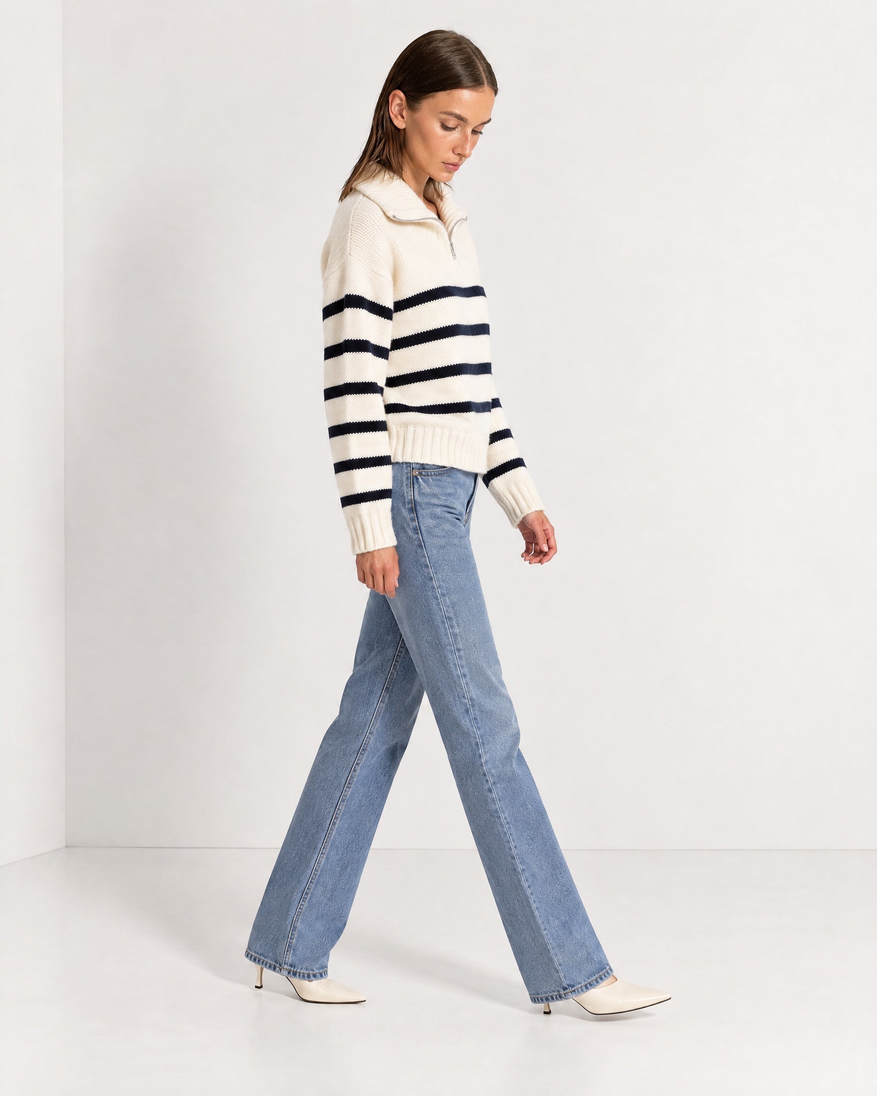 Navy Striped Jumper Chunky Knit Half Zip Sweater with Funnel Collar