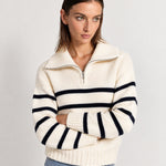 Navy Striped Jumper Chunky Knit Half Zip Sweater with Funnel Collar