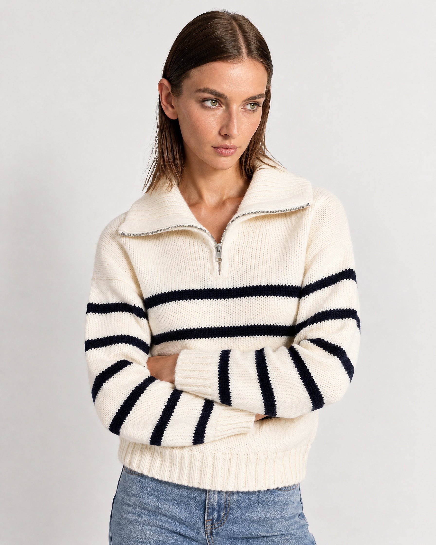 Navy Striped Jumper Chunky Knit Half Zip Sweater with Funnel Collar