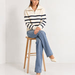 Navy Striped Jumper Chunky Knit Half Zip Sweater with Funnel Collar