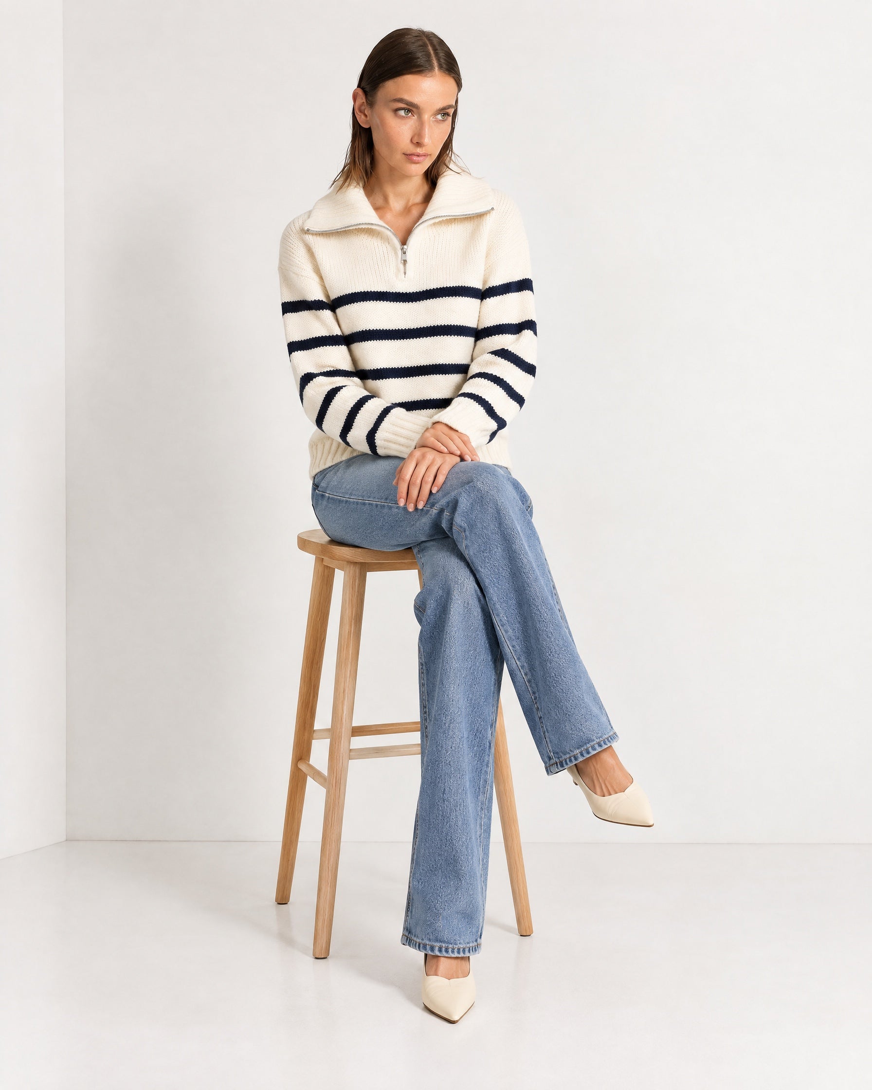 Navy Striped Jumper Chunky Knit Half Zip Sweater with Funnel Collar