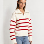 Red Striped Jumper Chunky Knit Half Zip Sweater with Funnel Collar