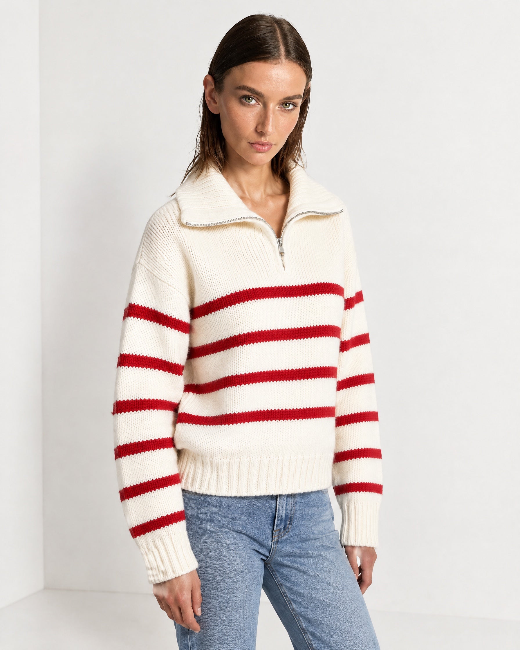 Red Striped Jumper Chunky Knit Half Zip Sweater with Funnel Collar