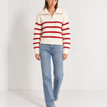 Red Striped Jumper Chunky Knit Half Zip Sweater with Funnel Collar
