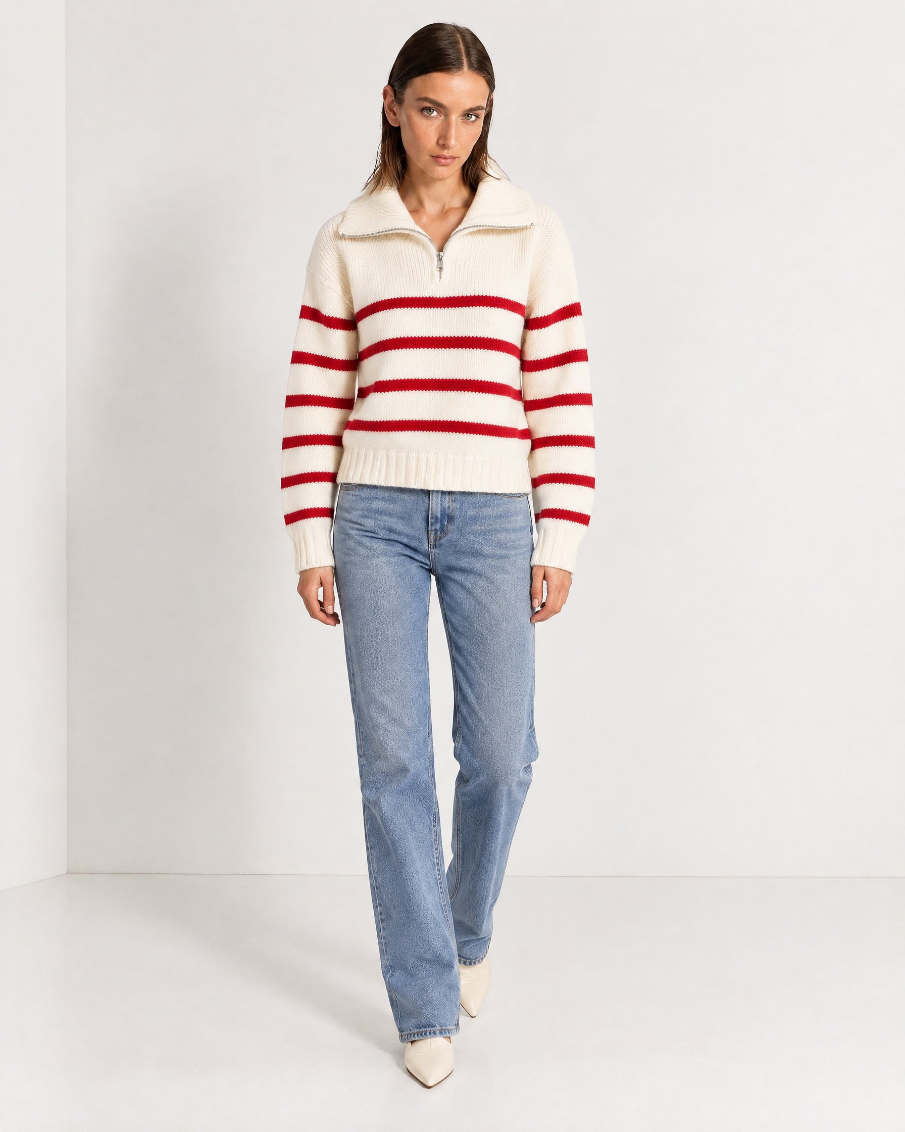 Red Striped Jumper Chunky Knit Half Zip Sweater with Funnel Collar