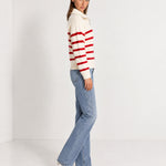 Red Striped Jumper Chunky Knit Half Zip Sweater with Funnel Collar