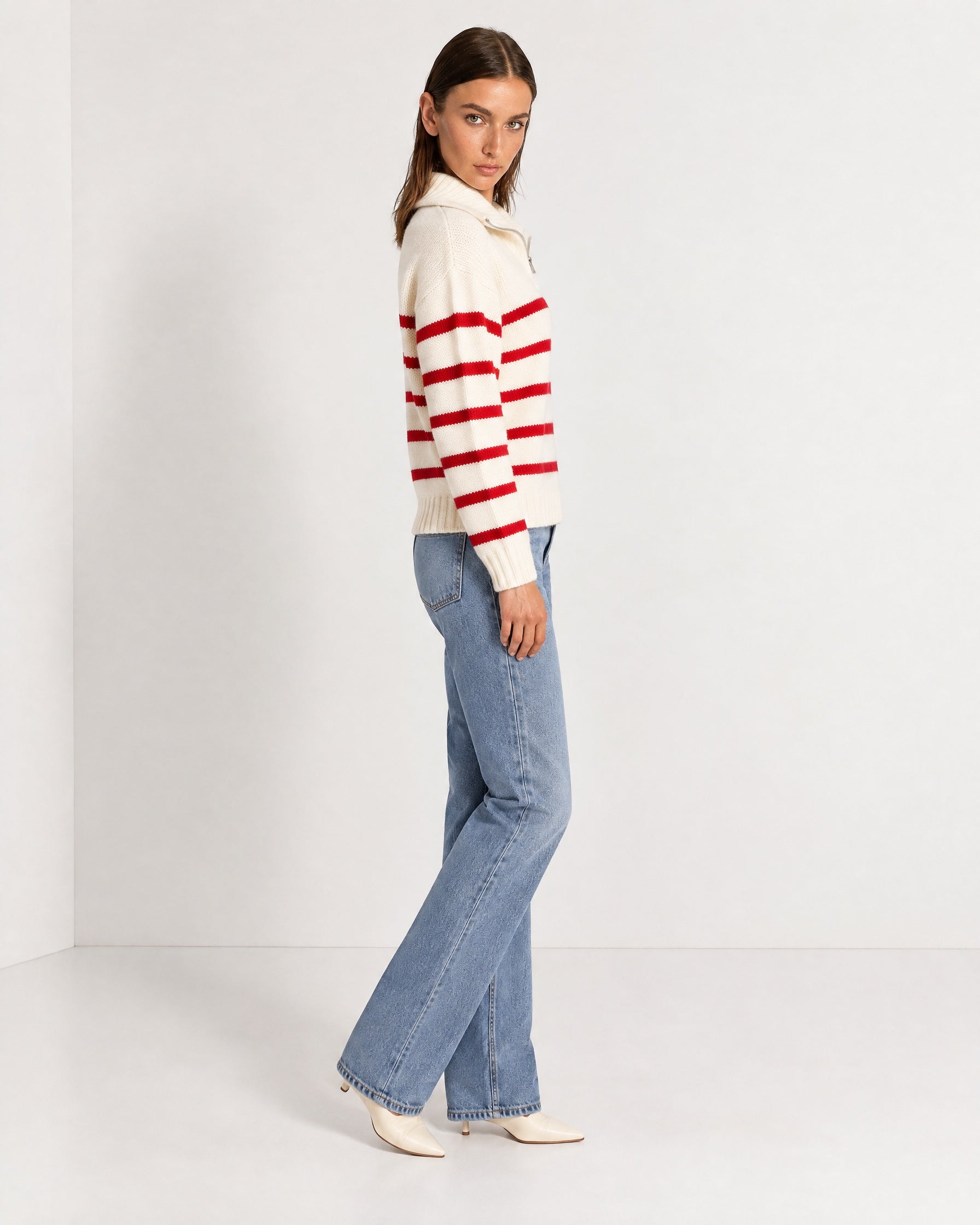 Red Striped Jumper Chunky Knit Half Zip Sweater with Funnel Collar