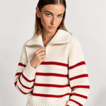 Red Striped Jumper Chunky Knit Half Zip Sweater with Funnel Collar