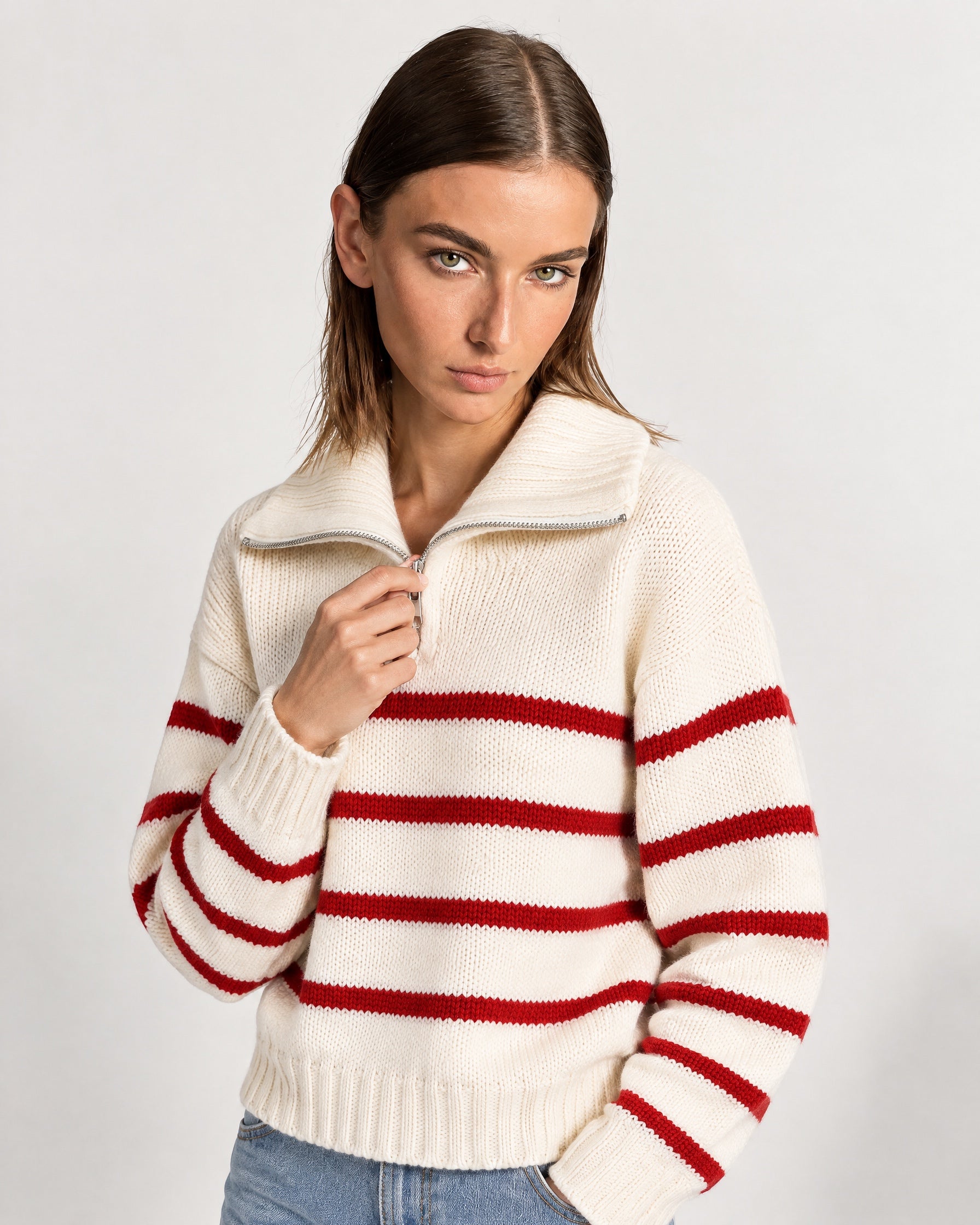 Red Striped Jumper Chunky Knit Half Zip Sweater with Funnel Collar