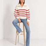 Red Striped Jumper Chunky Knit Half Zip Sweater with Funnel Collar