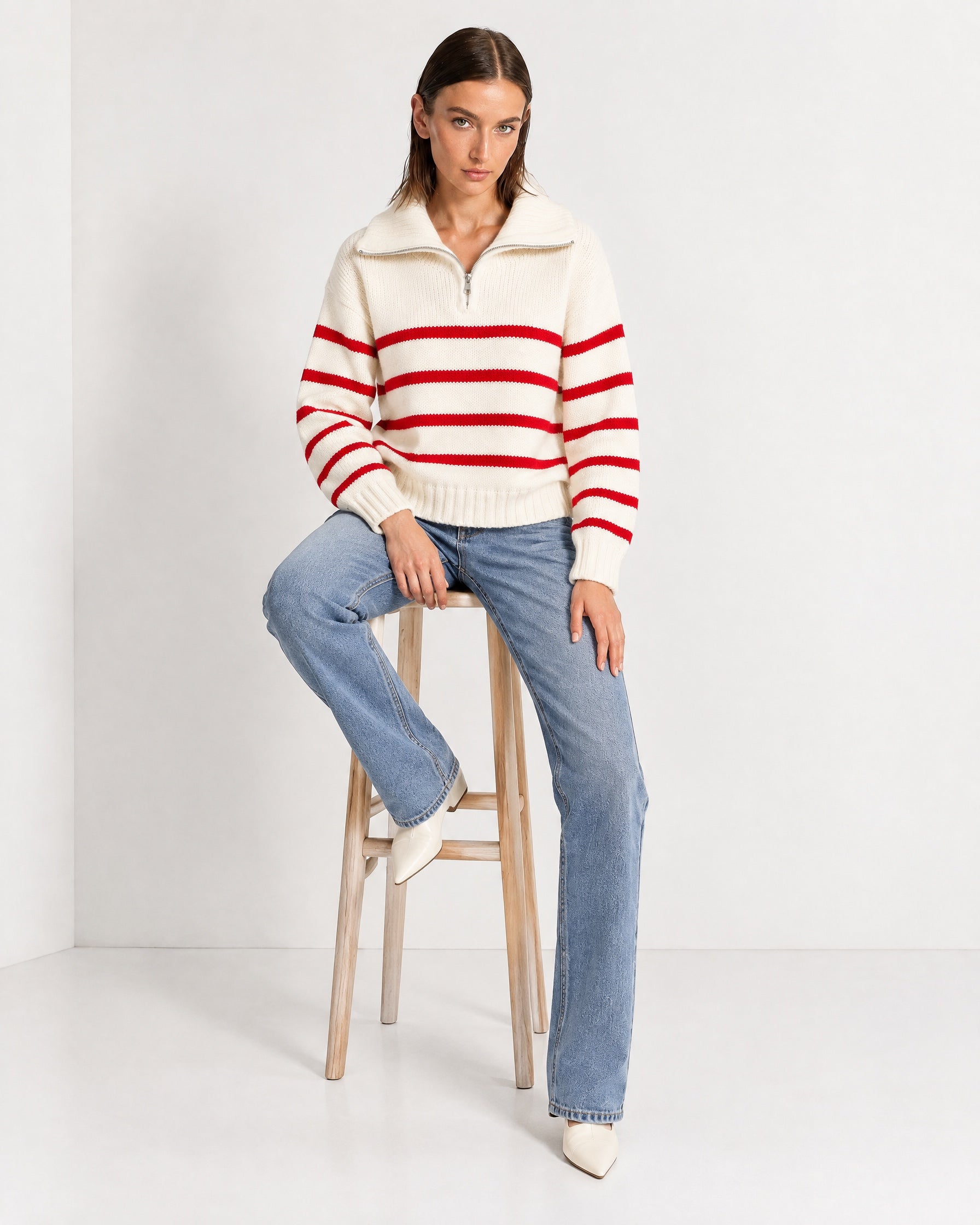 Red Striped Jumper Chunky Knit Half Zip Sweater with Funnel Collar